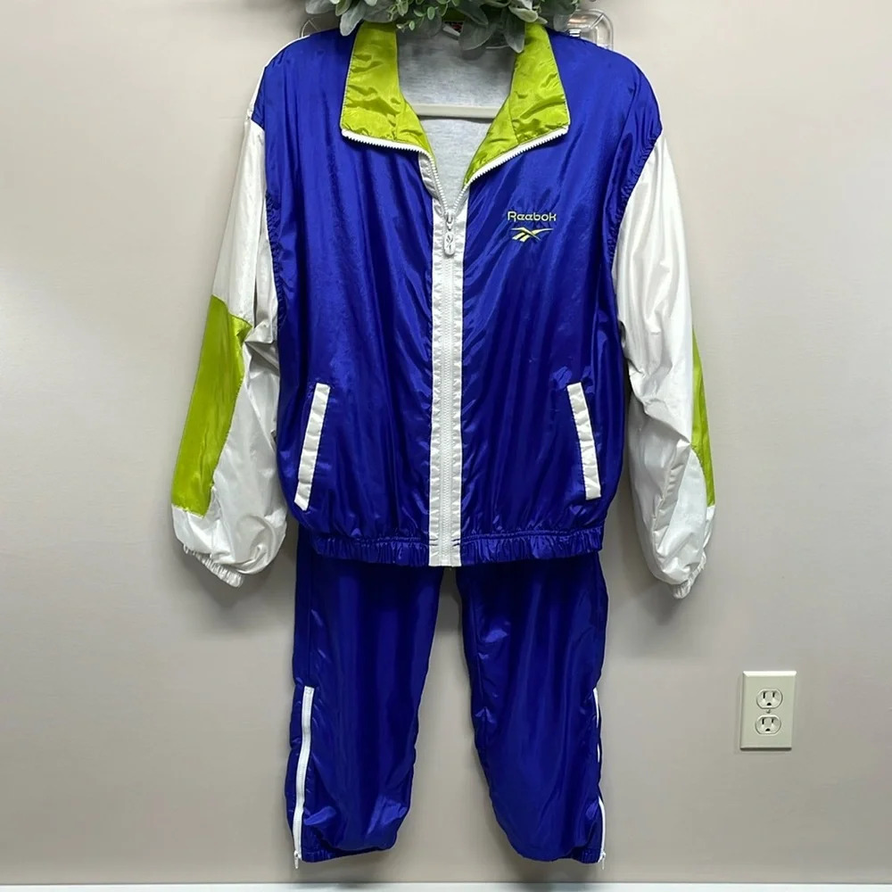 Vintage 90s Reebok Blue, White & Lime Green Track Suit set